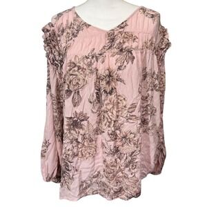 Floral Print Pink Blouse Ruffle Long Sleeve Boho Peasant Top Plus 2x‎